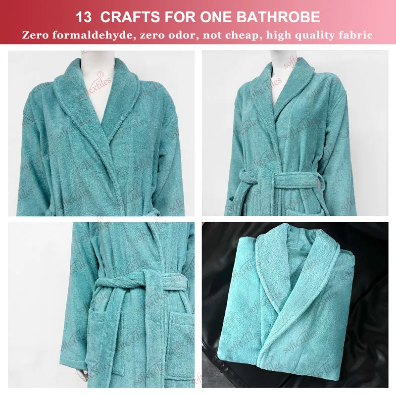 Malachite Green Terry Bathrobe - Detail View, Cotton, Shawl Collar / Piped Trim, Peacock Green, 350GSM, Image 8