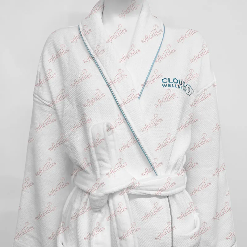 Bluecontrast Trim Double Bathrobe - Front View, Cotton, Embroidered / Kimono, White, 180GSM, Image 1