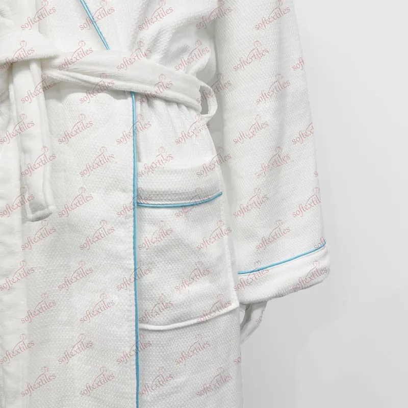Bluecontrast Trim Double Bathrobe - Detail View, Cotton, Embroidered / Kimono, White, 180GSM, Image 2