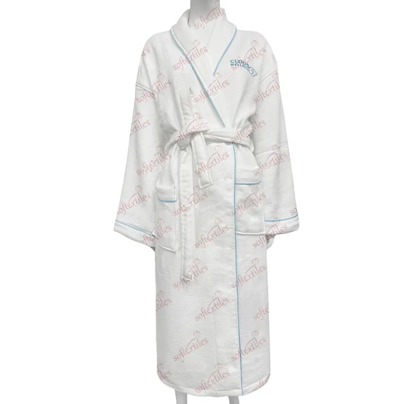Bluecontrast Trim Double Bathrobe - Front View, Cotton, Embroidered / Kimono, White, 180GSM, Image 3