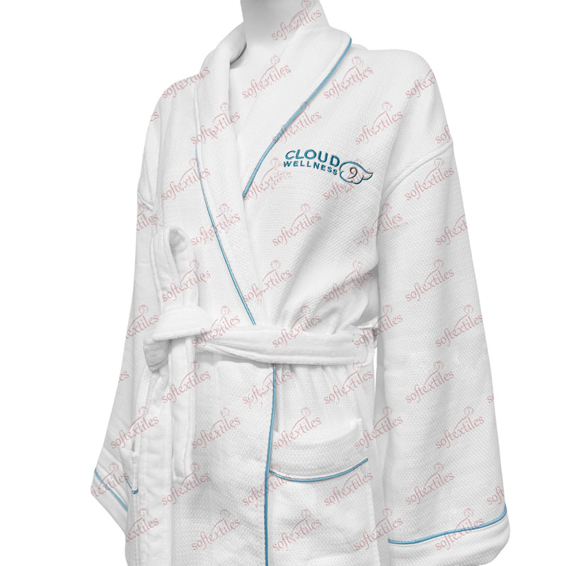 Bluecontrast Trim Double Bathrobe - Three-Quarter Front View, Cotton, Embroidered / Kimono, White, 180GSM, Image 4