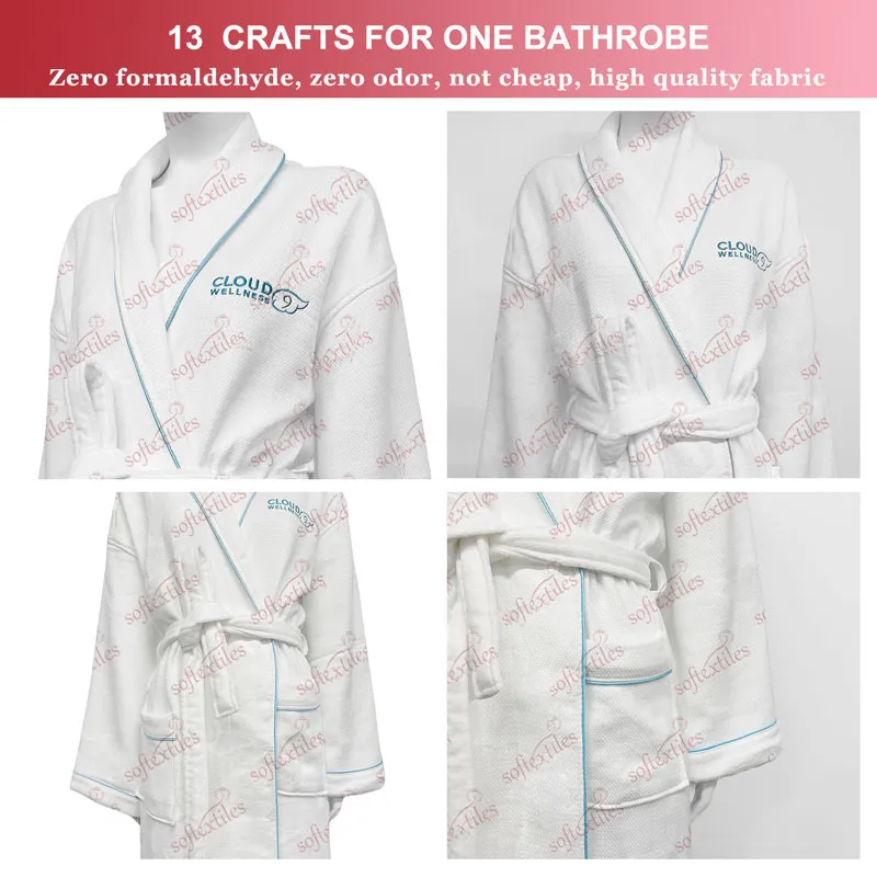 Bluecontrast Trim Double Bathrobe - Detail View, Cotton, Embroidered / Kimono, White, 180GSM, Image 5