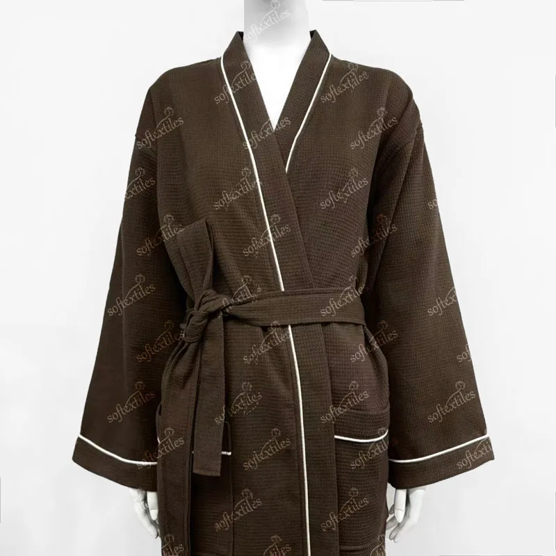 Japanese Brown Waffle White Contrast Trim bathrobe hero view, image 1, showing robe silhouette, fit impression, and overall styling.