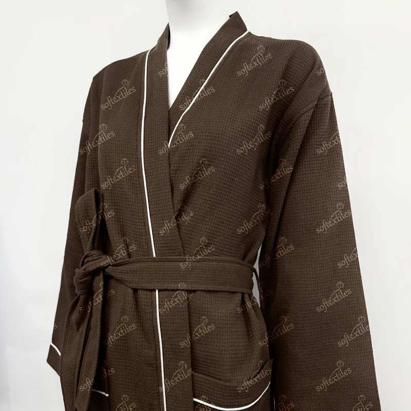 Japanese Brown Waffle White Contrast Trim Bathrobe - Three-Quarter Front View, Cotton, Kimono / Piped Trim, Grey, 180GSM, Image 2