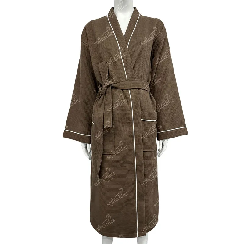 Japanese Brown Waffle White Contrast Trim Bathrobe - Front View, Cotton, Kimono / Piped Trim, Grey, 180GSM, Image 3