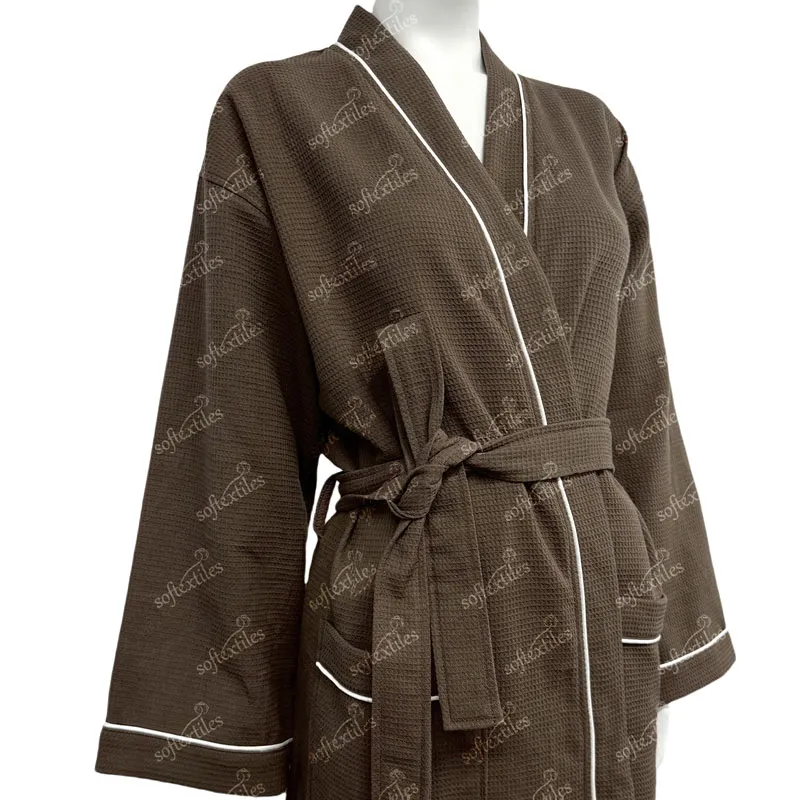 Japanese Brown Waffle White Contrast Trim Bathrobe - Three-Quarter Front View, Cotton, Kimono / Piped Trim, Grey, 180GSM, Image 4
