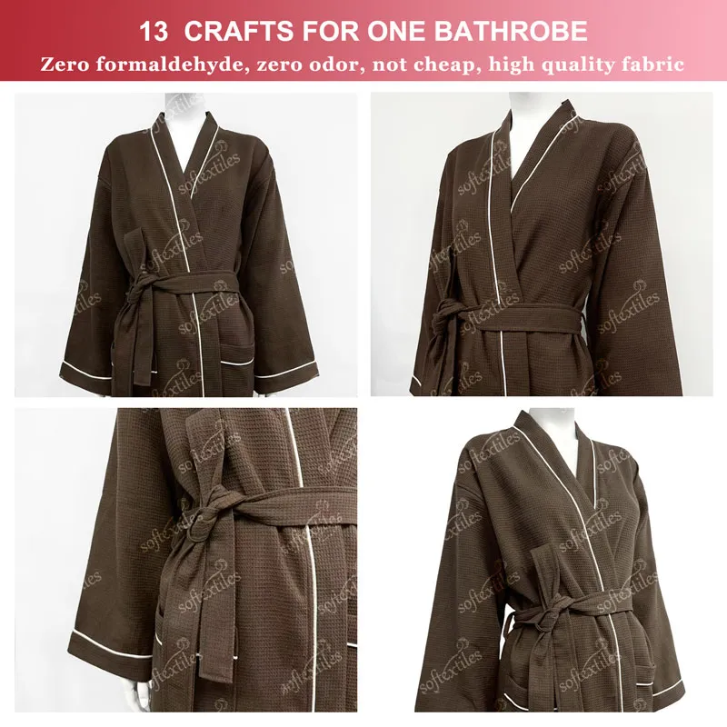 Japanese Brown Waffle White Contrast Trim Bathrobe - Detail View, Cotton, Kimono / Piped Trim, Grey, 180GSM, Image 5