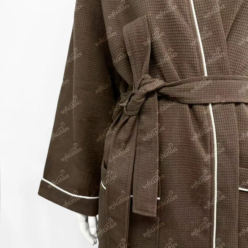 Japanese Brown Waffle White Contrast Trim Bathrobe - Fabric Close-Up, Cotton, Kimono / Piped Trim, Grey, 180GSM, Image 6