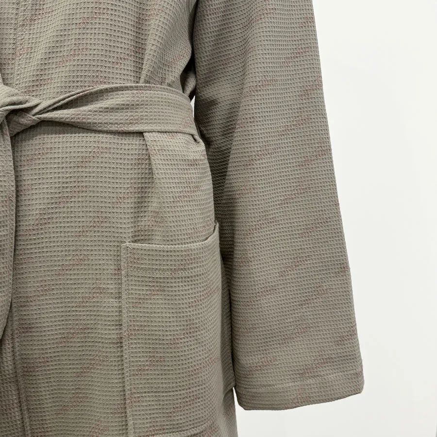 Gray Waffle Long Bathrobe - Detail View, Cotton, Kimono / Embroidered, Grey, 240GSM, Image 1