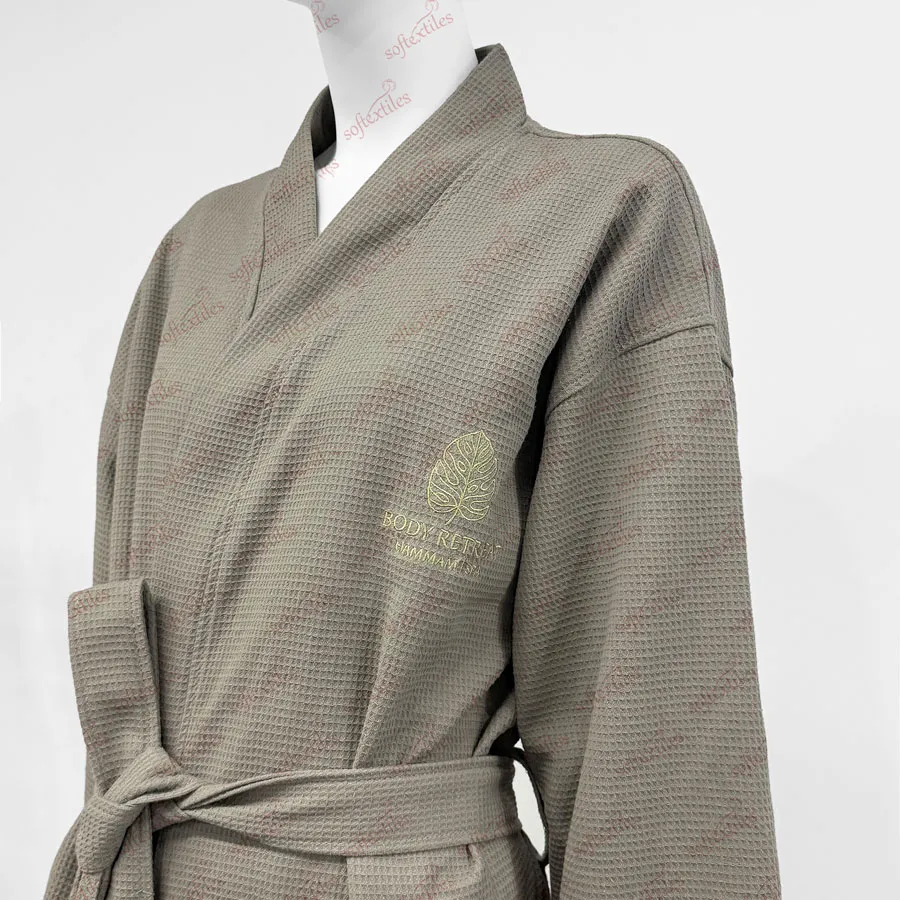 Gray Waffle Long Bathrobe - Right Side View, Cotton, Kimono / Embroidered, Grey, 240GSM, Image 3