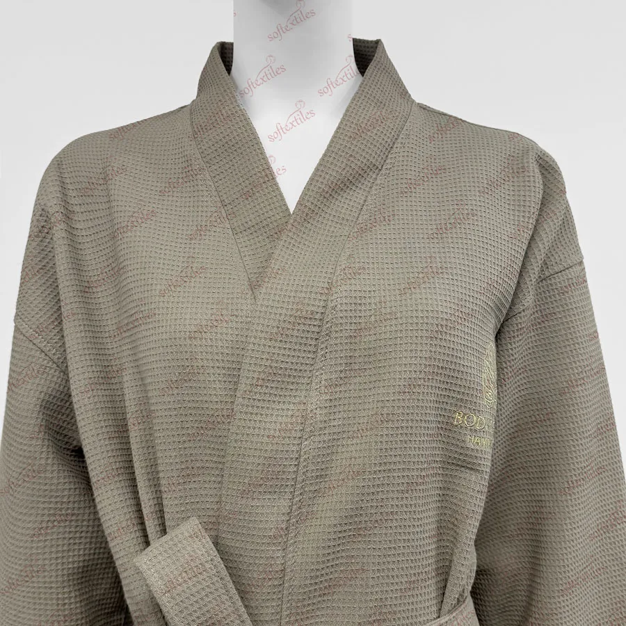 Gray Waffle Long Bathrobe - Front View, Cotton, Kimono / Embroidered, Grey, 240GSM, Image 4
