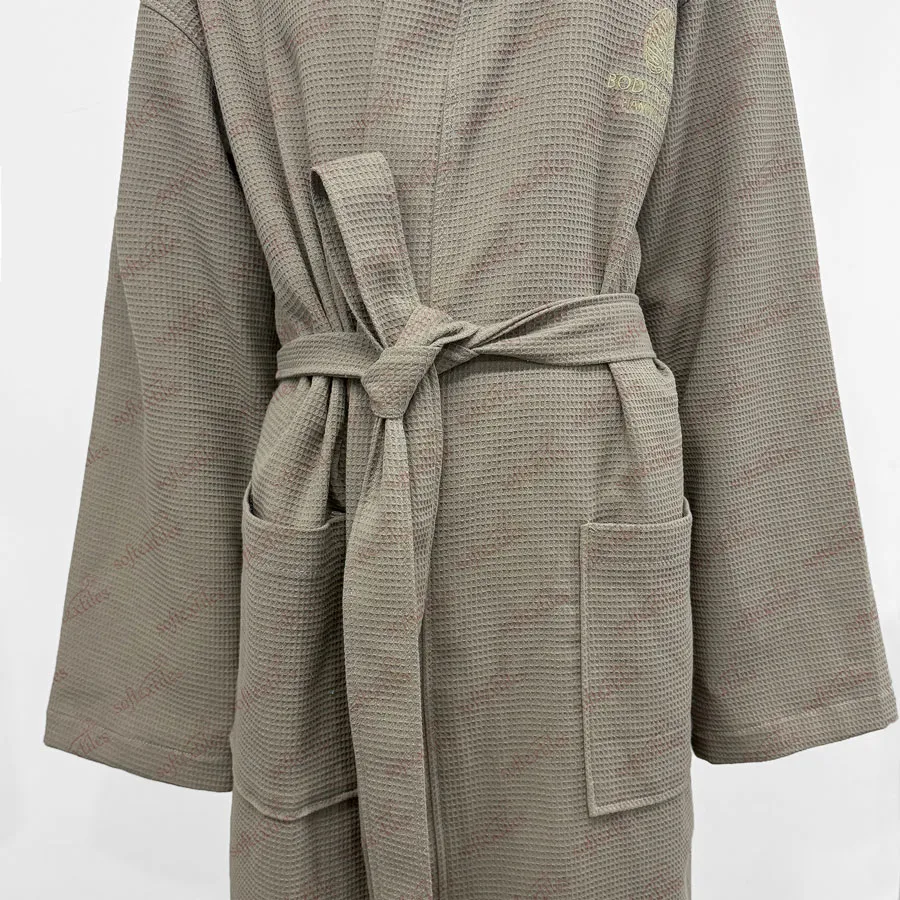 Gray Waffle Long Bathrobe - Detail View, Cotton, Kimono / Embroidered, Grey, 240GSM, Image 5