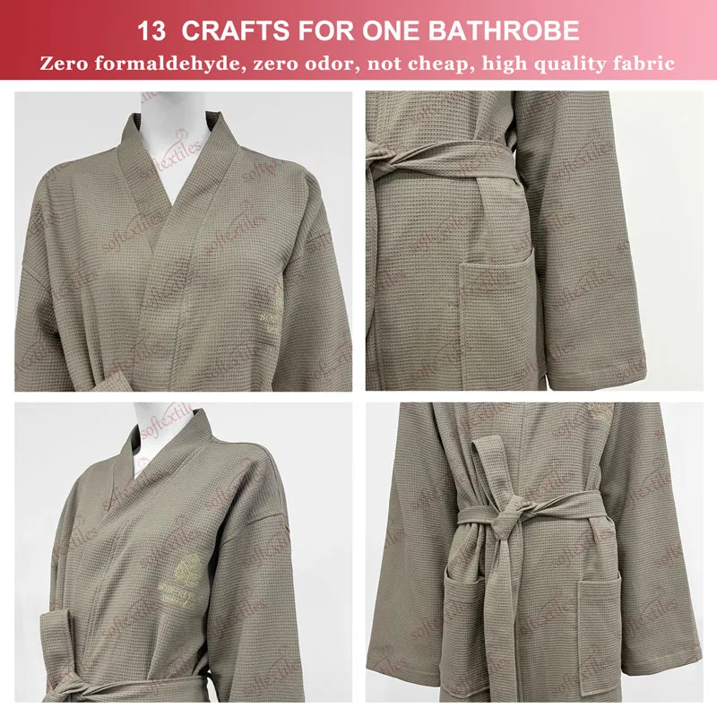 Gray Waffle Long Bathrobe - Detail View, Cotton, Kimono / Embroidered, Grey, 240GSM, Image 6