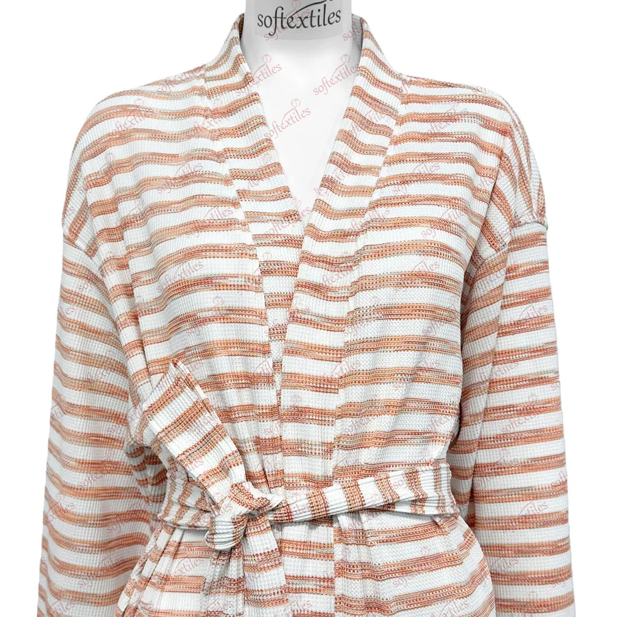 Orange White Waffle Bathrobe - Collar Detail, Polyester, Kimono, Orange White Stripe, 200GSM, Image 3