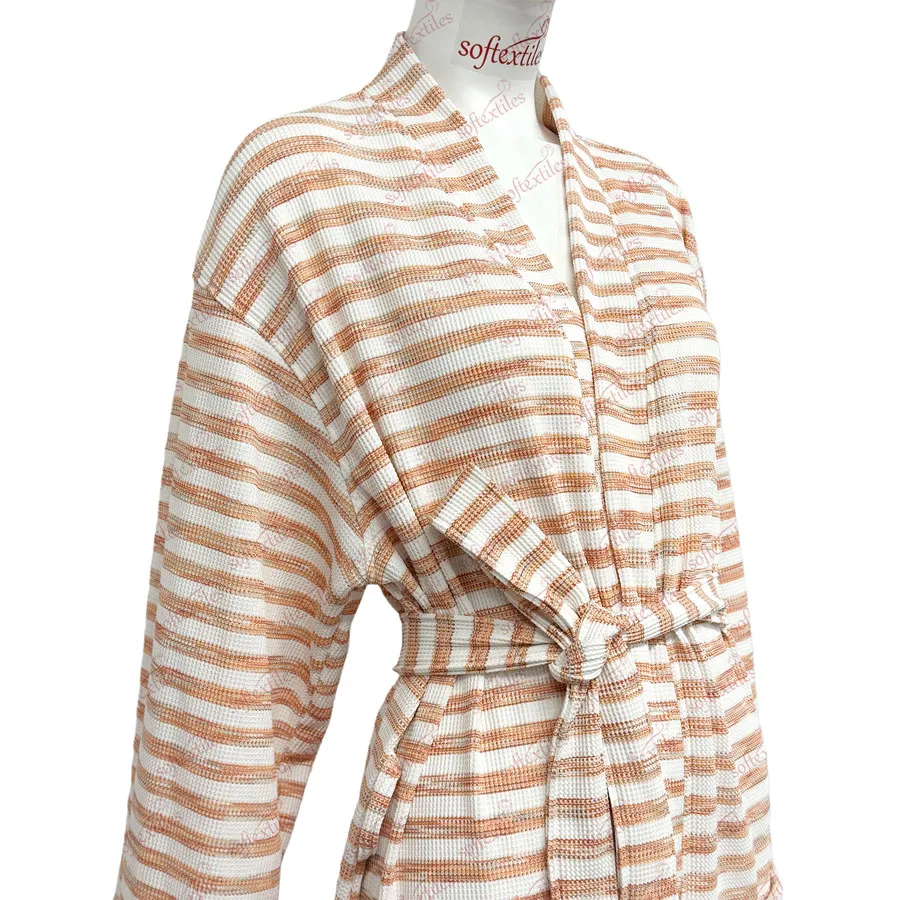 Orange White Waffle Bathrobe - Left Side View, Polyester, Kimono, Orange White Stripe, 200GSM, Image 5