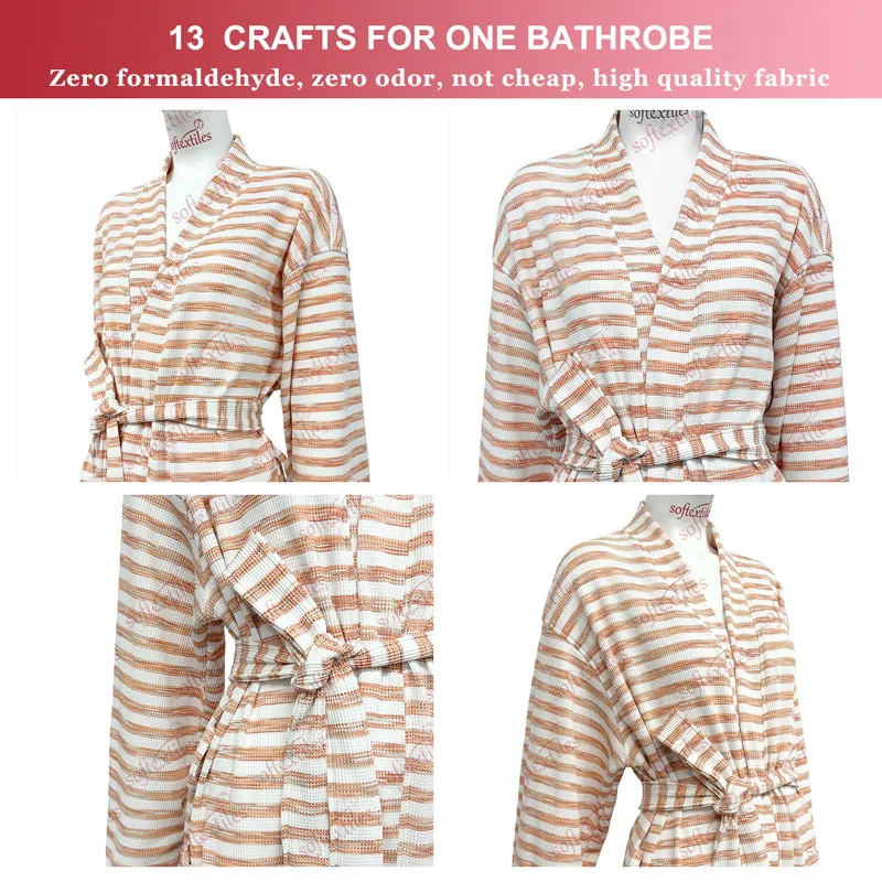 Orange White Waffle Bathrobe - Detail View, Polyester, Kimono, Orange White Stripe, 200GSM, Image 6