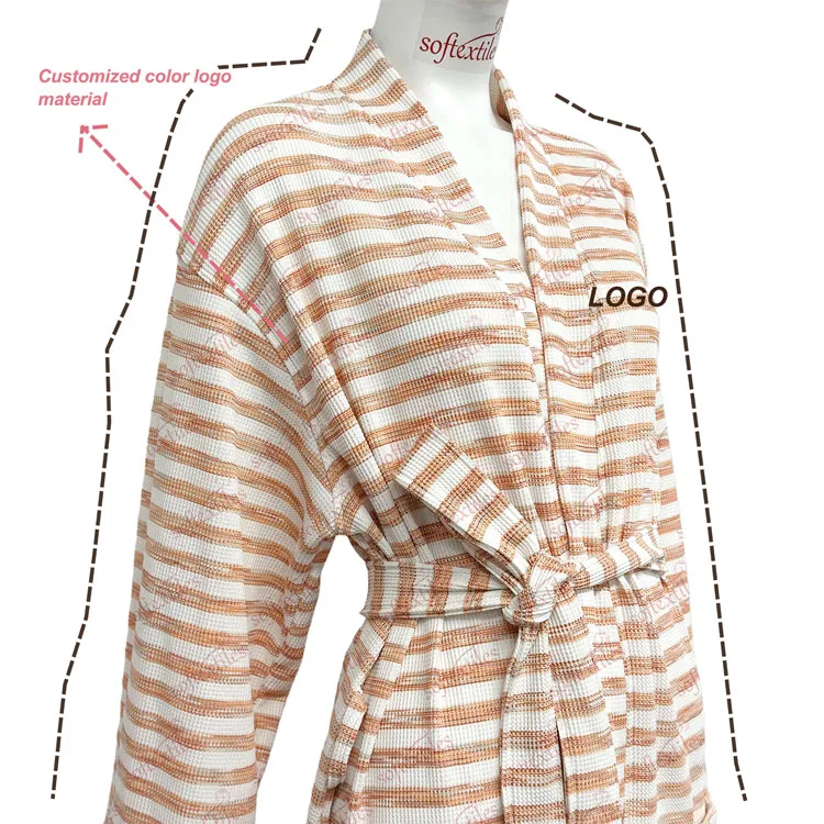Orange White Waffle Bathrobe - Left Side View, Polyester, Kimono, Orange White Stripe, 200GSM, Image 7