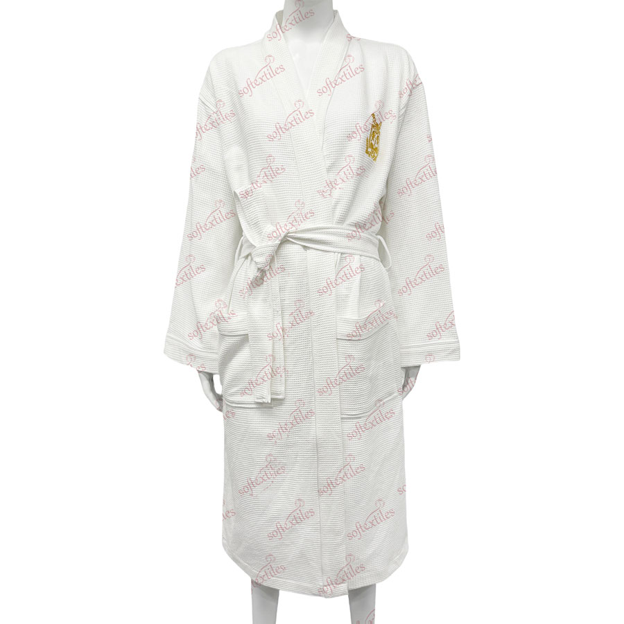 Waffle Gold Logo Bathrobe - Front View, Cotton, Kimono / Embroidered, White, 240GSM, Image 1