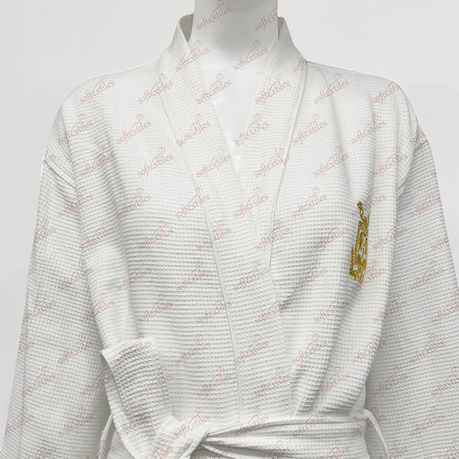 Waffle Gold Logo Bathrobe - Collar Detail, Cotton, Kimono / Embroidered, White, 240GSM, Image 2
