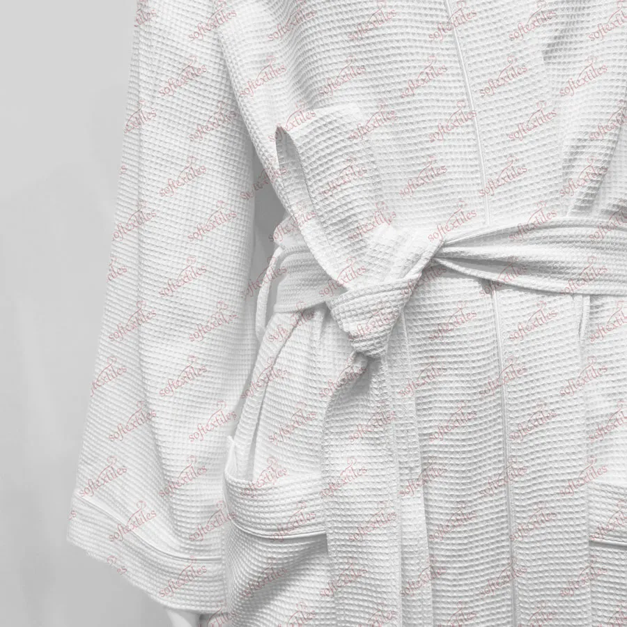Waffle Gold Logo Bathrobe - Detail View, Cotton, Kimono / Embroidered, White, 240GSM, Image 3