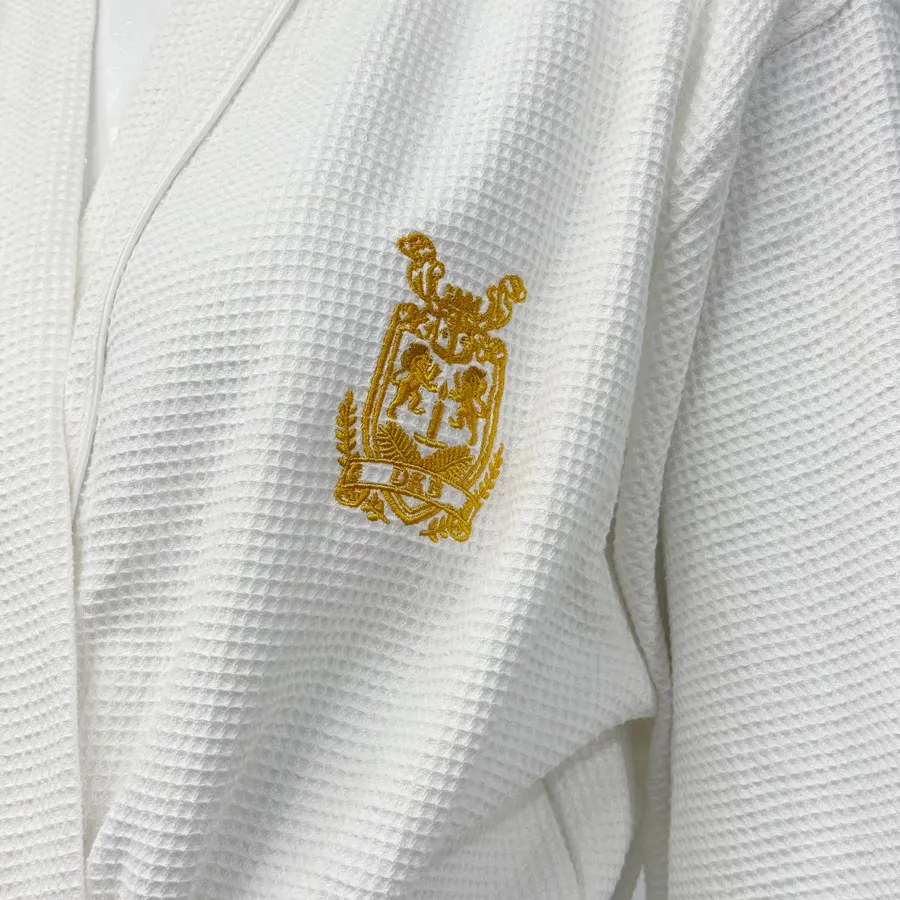Waffle Gold Logo Bathrobe - Detail View, Cotton, Kimono / Embroidered, White, 240GSM, Image 4