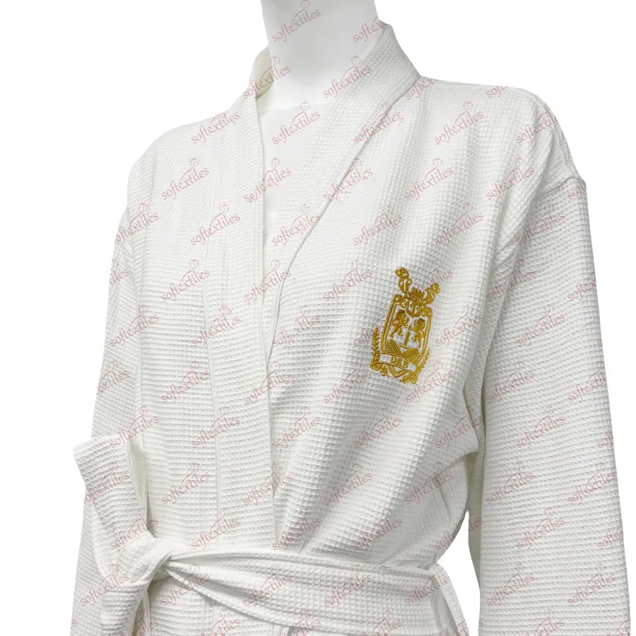 Waffle Gold Logo Bathrobe - Right Side View, Cotton, Kimono / Embroidered, White, 240GSM, Image 5