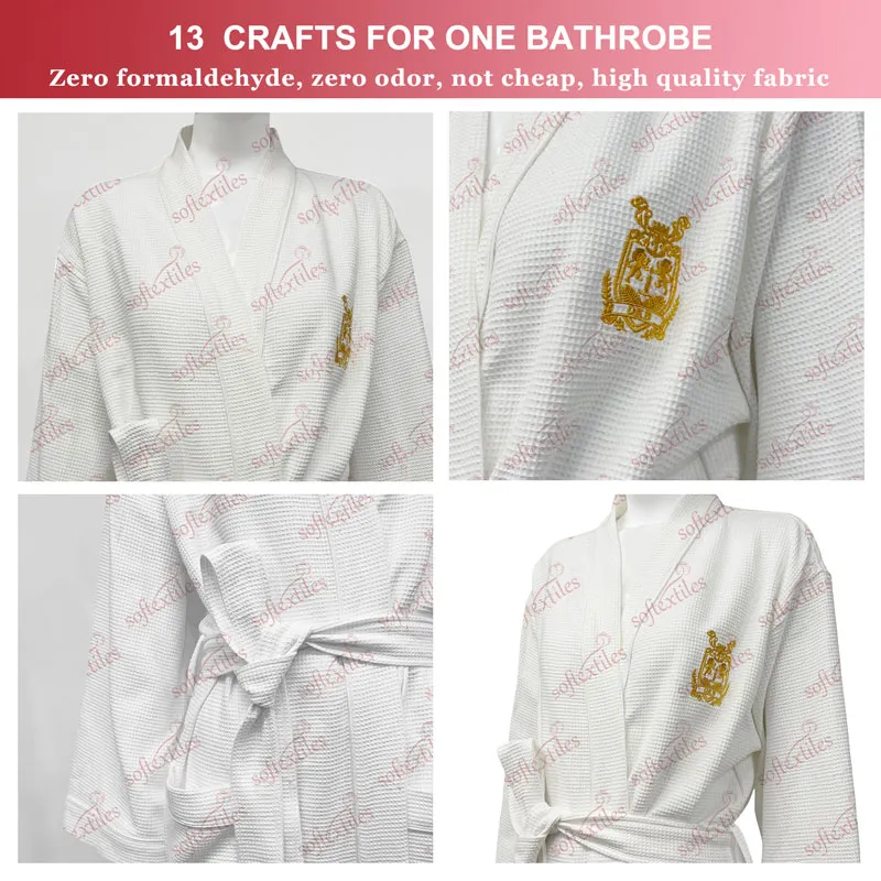 Waffle Gold Logo Bathrobe - Detail View, Cotton, Kimono / Embroidered, White, 240GSM, Image 6