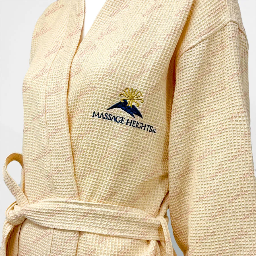 Wafflenude Bathrobe - Right Side View, Cotton, Kimono / Embroidered, Beige, 250GSM, Image 1
