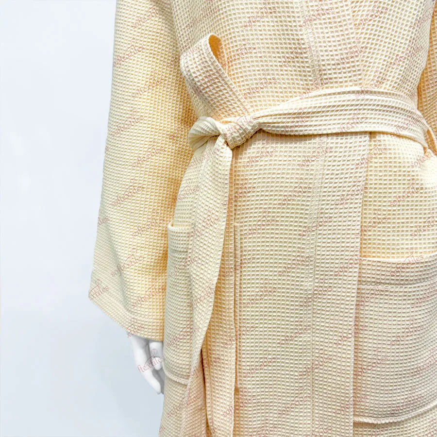 Wafflenude Bathrobe - Detail View, Cotton, Kimono / Embroidered, Beige, 250GSM, Image 2