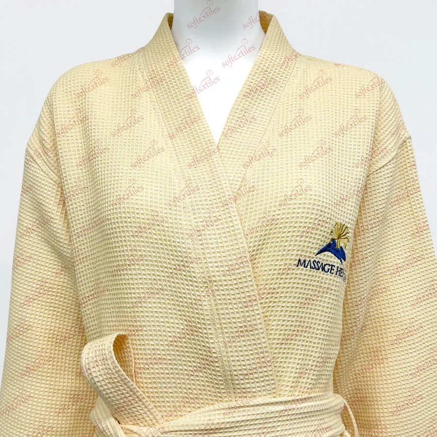 Wafflenude Bathrobe - Collar Detail, Cotton, Kimono / Embroidered, Beige, 250GSM, Image 3