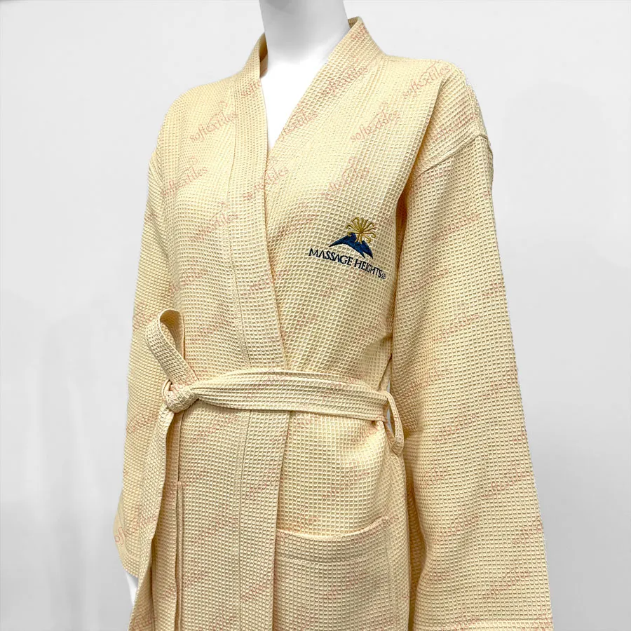 Wafflenude Bathrobe - Front View, Cotton, Kimono / Embroidered, Beige, 250GSM, Image 4