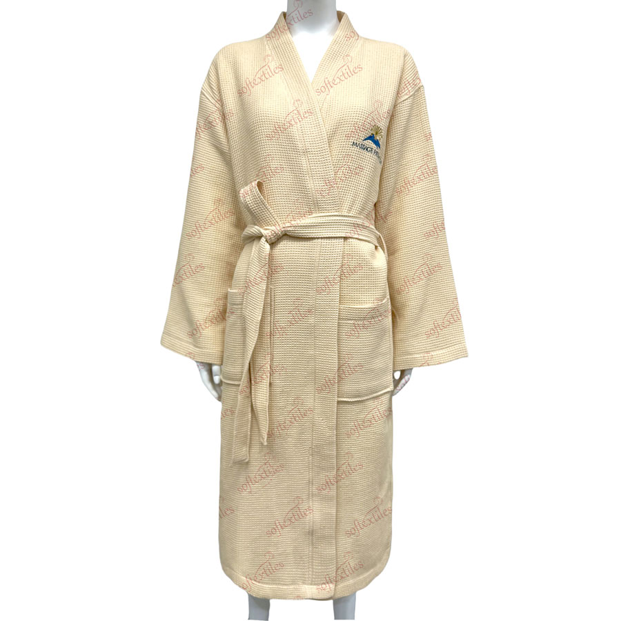 Wafflenude Bathrobe - Front View, Cotton, Kimono / Embroidered, Beige, 250GSM, Image 5