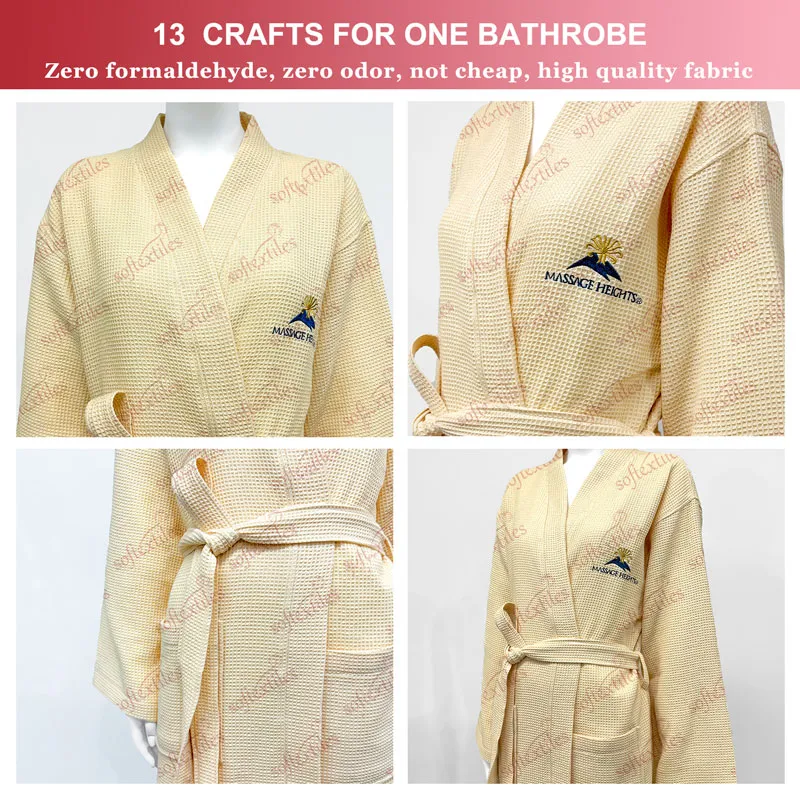 Wafflenude Bathrobe - Detail View, Cotton, Kimono / Embroidered, Beige, 250GSM, Image 6