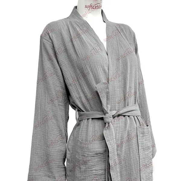 Grey Crepe Bathrobe - Right Side View, Cotton, Kimono, Grey, 200GSM, Image 1