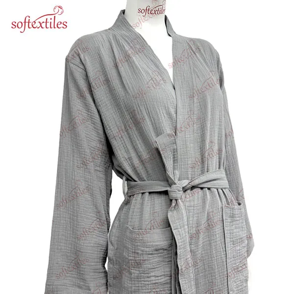 Grey Crepe Bathrobe - Front View, Cotton, Kimono, Grey, 200GSM, Image 7