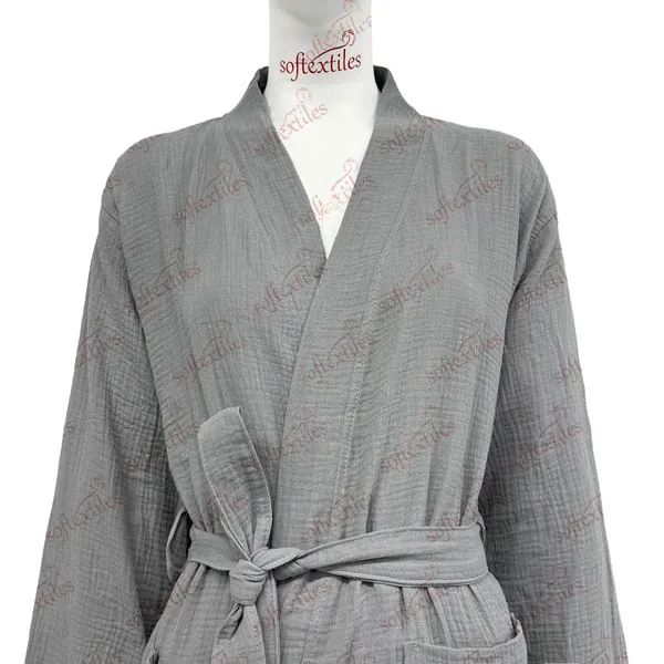Grey Crepe Bathrobe - Collar Detail, Cotton, Kimono, Grey, 200GSM, Image 2