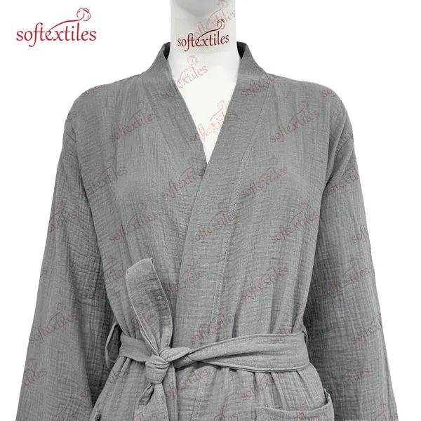 Grey Crepe Bathrobe - Front View, Cotton, Kimono, Grey, 200GSM, Image 8