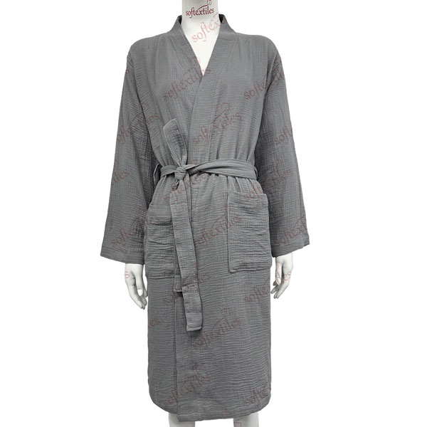 Grey Crepe Bathrobe - Front View, Cotton, Kimono, Grey, 200GSM, Image 3