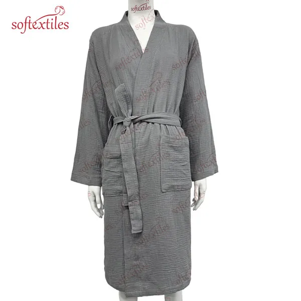 Grey Crepe Bathrobe - Detail View, Cotton, Kimono, Grey, 200GSM, Image 9