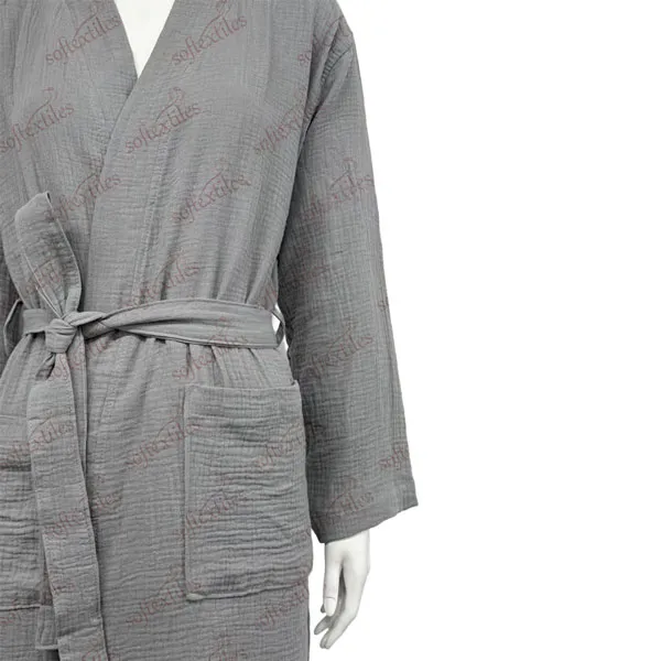 Grey Crepe Bathrobe - Detail View, Cotton, Kimono, Grey, 200GSM, Image 4