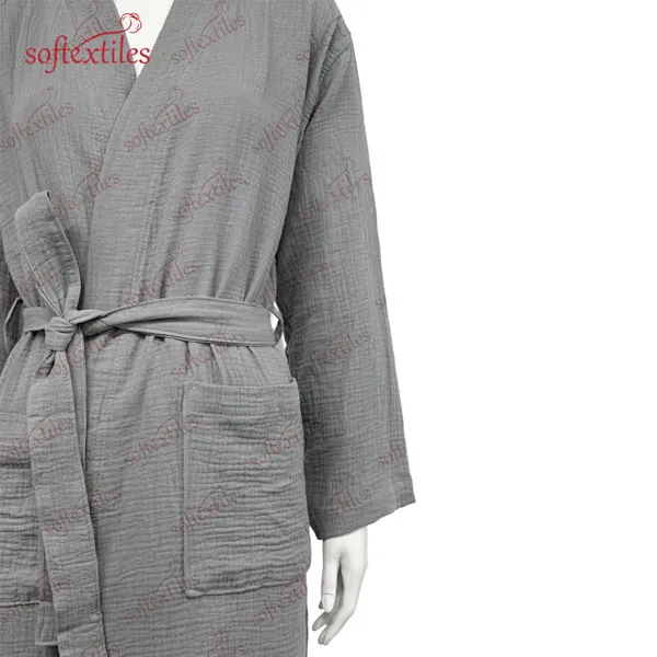 Grey Crepe Bathrobe - Detail View, Cotton, Kimono, Grey, 200GSM, Image 10