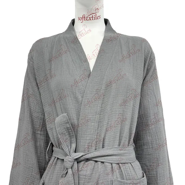 Grey Crepe Bathrobe - Collar Detail, Cotton, Kimono, Grey, 200GSM, Image 5