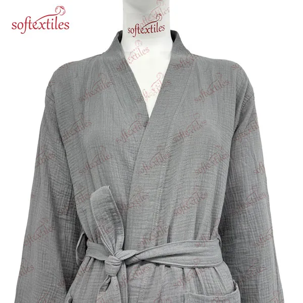 Grey Crepe Bathrobe - Detail View, Cotton, Kimono, Grey, 200GSM, Image 11