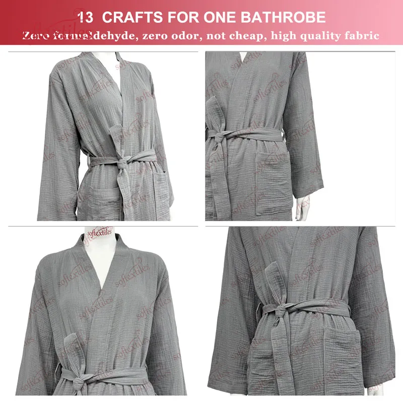Grey Crepe Bathrobe - Detail View, Cotton, Kimono, Grey, 200GSM, Image 12
