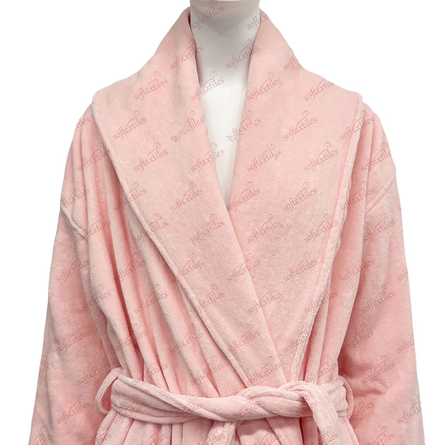 Pure Cotton Big Lapel Pink Bathrobe - Collar Detail, Cotton, Shawl Collar / Embroidered, Pink, 400GSM, Image 2