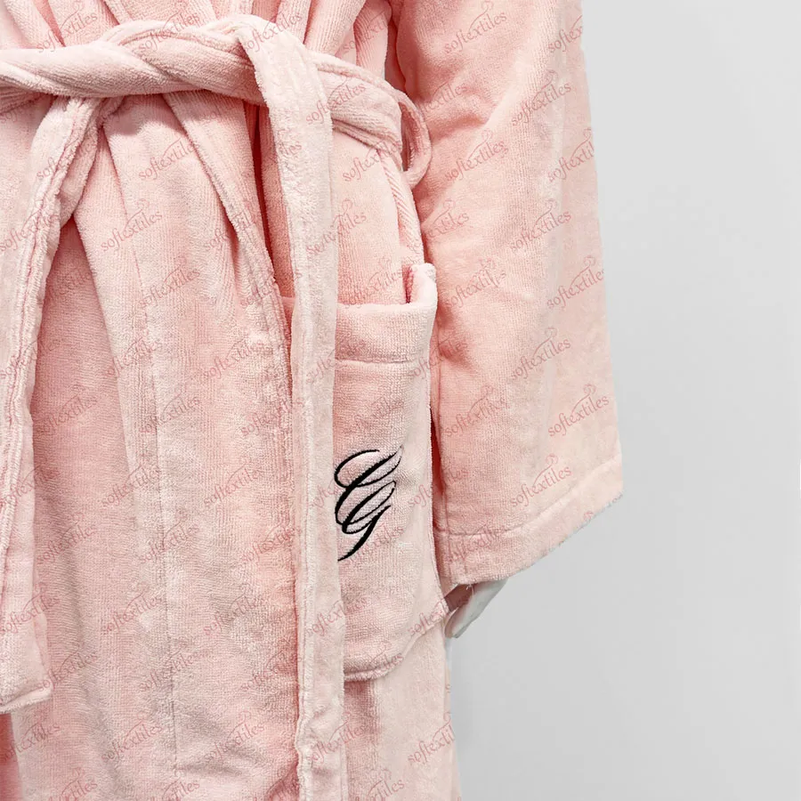 Pure Cotton Big Lapel Pink Bathrobe - Detail View, Cotton, Shawl Collar / Embroidered, Pink, 400GSM, Image 3