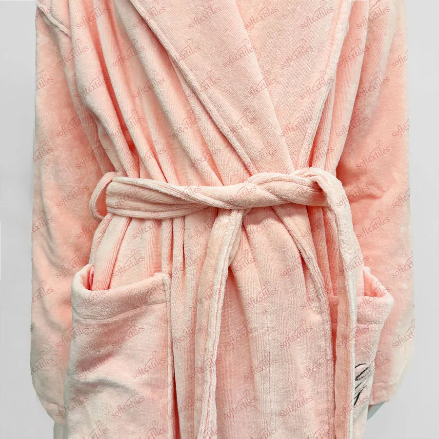 Pure Cotton Big Lapel Pink Bathrobe - Detail View, Cotton, Shawl Collar / Embroidered, Pink, 400GSM, Image 4