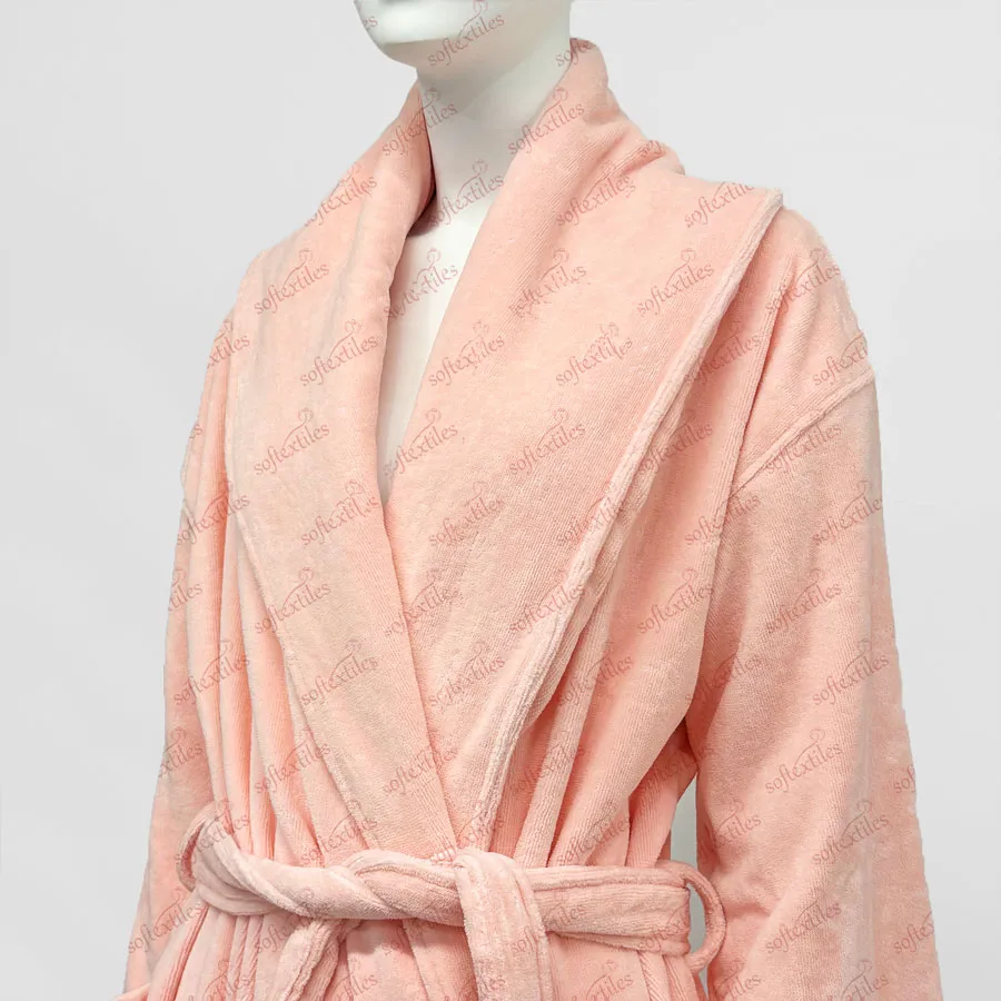 Pure Cotton Big Lapel Pink Bathrobe - Right Side View, Cotton, Shawl Collar / Embroidered, Pink, 400GSM, Image 5