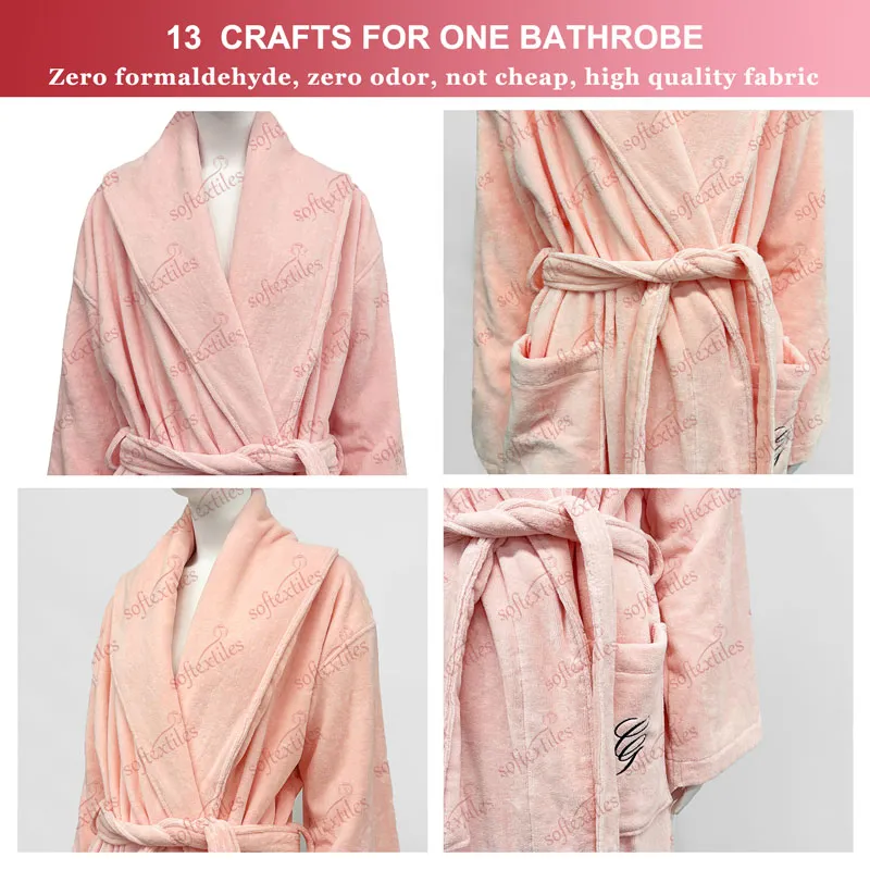 Pure Cotton Big Lapel Pink Bathrobe - Detail View, Cotton, Shawl Collar / Embroidered, Pink, 400GSM, Image 6