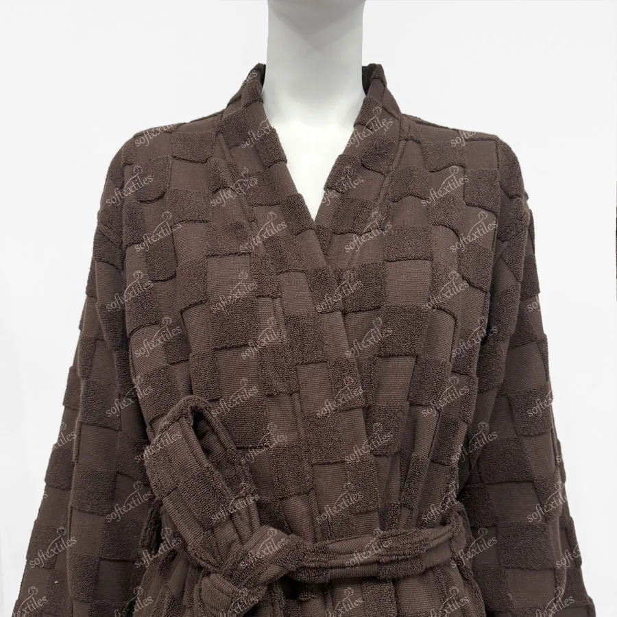 Pure Cotton Brown Checkerboard Long Style Bathrobe - Collar Detail, Cotton, Kimono, Brown, 400GSM, Image 2